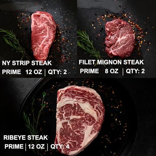 MeatWorks USDA Prime 8 Steak Assortment Box - (4 x (12 oz.) Ribeye, 2 x (12 oz.) NY Strip, 2 x (8 oz.) Filet Mignon) - Steak Gifts for Men
