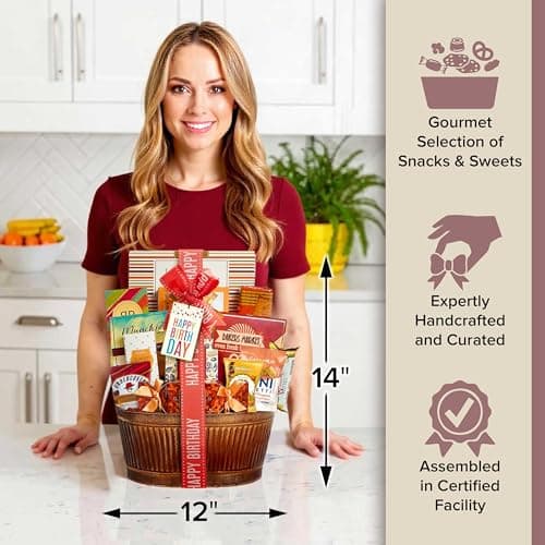 Broadway Basketeers Birthday Gift Basket – Gourmet Snacks & Sweet Treat Box with Cookies, Candy, Chocolates & more - Food Gift Basket for Women, Men & Families - Happy Birthday Surprise Box, Kosher