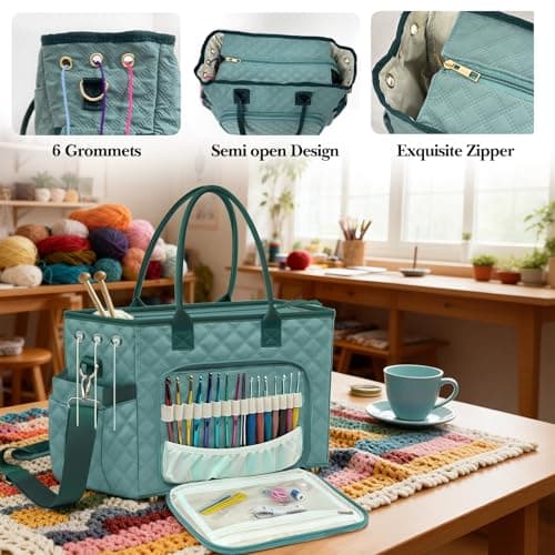 Crochet Bag Yarn Storage, Large Knitting Tote with Padded Crochet Hook Organizer, Tote with Multiple Compartments for Crochet Lovers, Knitting Accessories, Mother's Day Gift