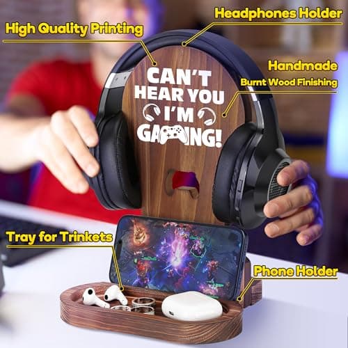 Slothoem-Gamer Gifts for Men Teenage Boy, Gamer Room Decor for Brother, Gaming Gifts for Son, Boyfriend, Husband, Gamer Room Accessories Stuff, Wooden Headset Stand - Can't Hear You I'm Gaming