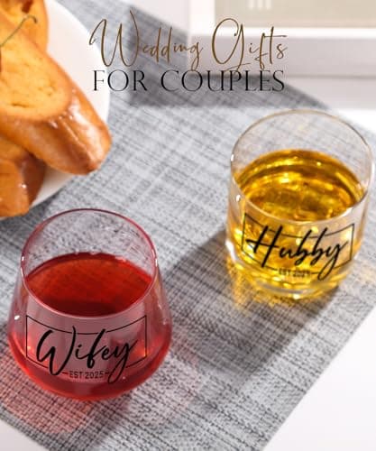 Christmas Gifts for Couples 2025,Wedding Gift, Wifey and Hubby Glasses Set,Bridal Shower Gifts for Bride and Groom, Newly-Married Anniversary for Him and Her，Mr and Mrs Gift，His and Hers Glass