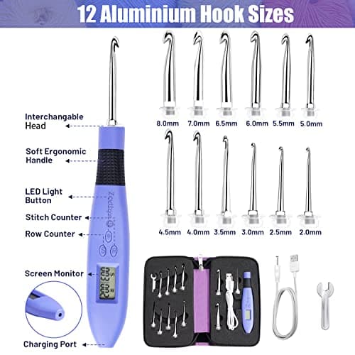 Light Up Crochet Hook Set Lighted Crochet Hook Set with 12 Different Size Interchangeable Crochet Needle, Ergonomic with 2 Levels Led and Digital Stitch Counter for Crocheting and Knitting