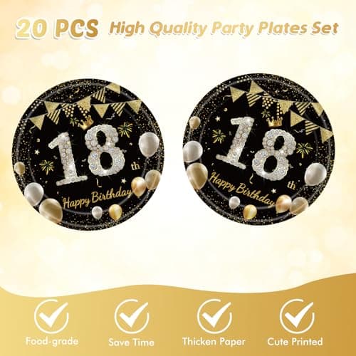 41Pcs 18th Birthday Decorations for Boy Girls, Black Gold 18 Year Old Happy Birthday Girl Decorations include Plates Napkins Tablecloth for Official Teenager 18th Birth Party