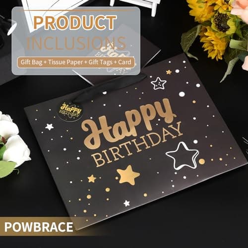 Black Birthday Gift Bag with Tissue Paper and Greeting Card, 13'x10.2'x4.9', Medium (1-Piece Set, Black Starry Sky, Unisex, Includes Card, Ribbon, Crinkle Paper)