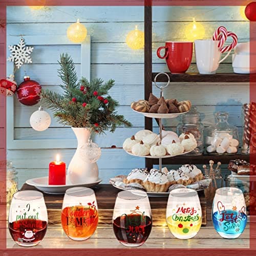Funtery 6 Pcs Christmas wine Stemless Glass Funny Christmas Gift Set for Teacher Men Women Family Friend Coworker, Gift Ideal Birthday Wedding Party Supplies(Classic Style)