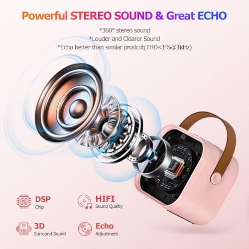 Mini Karaoke Machine with 2 Wireless Microphone, Portable Pink Bluetooth Speaker for Kids Adult, Birthday Teen Toys Gifts Ideas for Girls Ages 4 5 6 7 8 9 10 11 12+ Year Old, Family Home Party