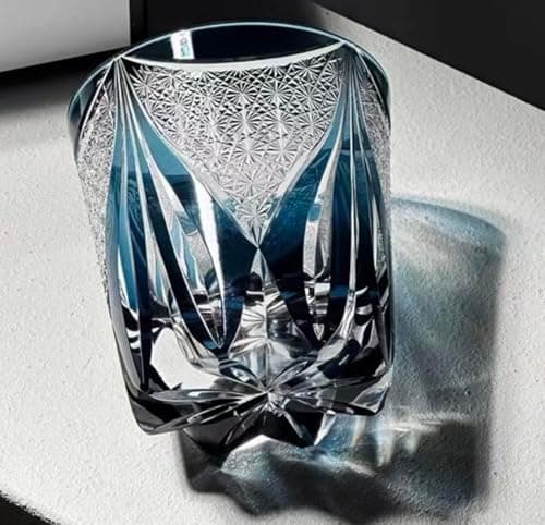 Edo Kiriko Whiskey Glass – Elegant Japanese Style Deep Blue Glass with Chrysanthemum & Flame Motif, Hand-Cut Spirits Tumbler for Whiskey & Cocktails