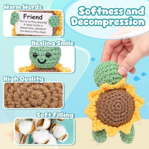 Friend Friendship Gifts for Women Men - 1PC Positive Handmade Crochet Sunflower Turtle Decor - Birthday Gifts for Women Friendship, Turtle Present for Bff Bestie Best Friend - 2.8x2x3.9 inches