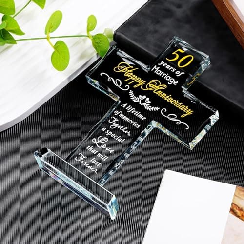 YWHL 50th Wedding Anniversary Religious Cross Gifts for Women Men, 50 Year Anniversary Romantic Gift for Him Her, Laser Engraved Glass Standing Cross Keepsake for Couple, 50 Years of Marriage Present