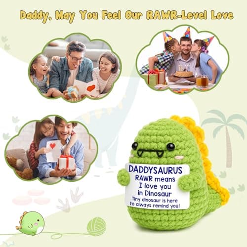 OCCdesign Mini Christmas Birthday Gifts for Dad from Daughter Son RAWR I Love You Daddy Handmade Crochet Cute Small Dinosaur for Daddy Dad Bonus Step Father in Law New Father