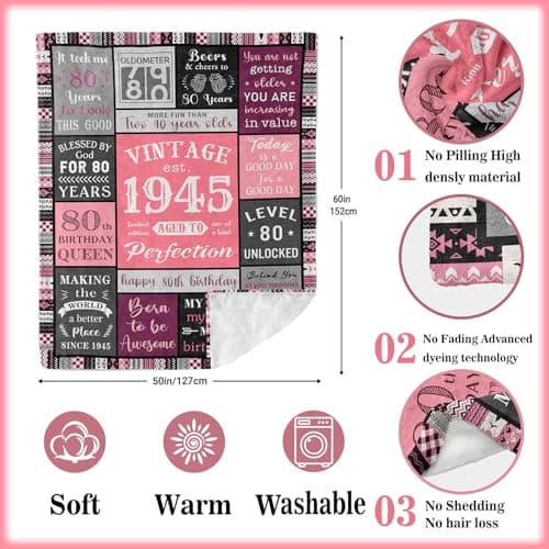 Ryubein 80th Birthday Gifts for Women, 80th Birthday Decorations for Women, 80 Year Old Birthday Gifts for Woman, Best Gifts for 80th Birthday, 1945 80th Birthday Blanket 50" X 60"