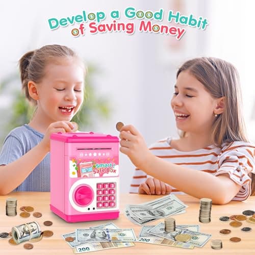 Pink Piggy Bank for Kids with Password Code Lock and Auto Grab Bill Slot, PhilaeEC Real Money Cash Coin Can Saving Box Electronic Money Safe Bank, Hot Gift for 4 7 8 9 10 11 Year Old Boys Girls