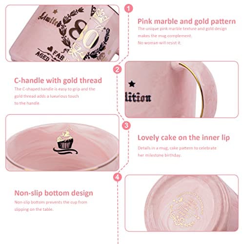 Biching 80th Birthday Gifts for Women, 14oz Pink Coffee Mug with Gold Pattern, Best Gifts for 80 Year Old Grandma, Mom, Sister, Friend, Fabulous 80 Limited Edition, 1943 Birthday Gifts for Women.