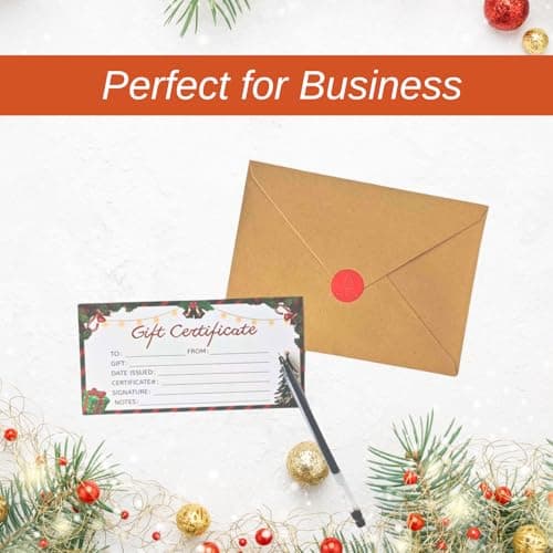 30 Pack Gift Certificates for Business with 30 Kraft Envelopes 30 Stickers for Holiday Christmas Small Business Restaurants Spa Beauty Makeup Hair Salon