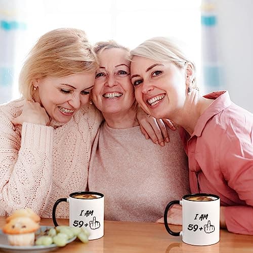 YHRJWN - 60th Birthday Gifts for Men Women, I Am 59 Plus Middle Finger Coffee Mug for Dad Mom Friends, Birthday Gift Ideas for 60 Year Old Woman, White 11 Oz Mug with Black Handle