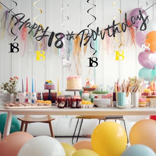 18th Birthday Decorations for Boys Swirls Streamers Set, Hanging Vortex Happy 18th Birthday Banner for Girls, Black and Gold 18 Birthday Decor Party Bunting