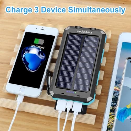 Solar Charger Power Bank, 20000mAh Portable Outdoor Waterproof Solar Battery Charger, Camping External Backup Battery Pack USB C Ports Input/Output, 2 Led Light Flashlight with Compass (Blue)