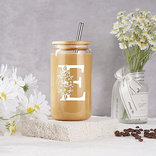 Coolife Initial Glass Cup, Monogrammed Gifts for Women, 16 oz Glass Cups w/Lids Straws, Iced Coffee Smoothie Beer Tumbler w/Straw Lid - Personalized Christmas, Birthday Gifts for Her Mom Friend Woman