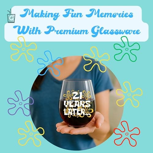 Funny 21st Birthday Gifts for Her – “21 Years Later” Design – 15oz Stemless Wine Glass – Cute and Nostalgic Gift for Women Turning 21, Birthday Celebration Decoration or Wine Lover Present