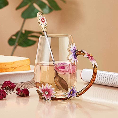Luka Tech Enamel flower Lead-free Glass Coffee Mugs Tea Cup with Steel Spoon, Best Birthday Gifts For Women Wife Mom Friends Mothers Valentines Day Christmas