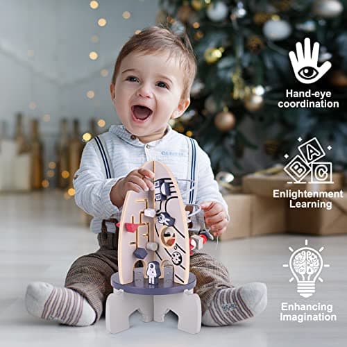 Wdmiya Space Wooden Activity Cube Toys for Baby, Montessoritoys for 1 Year Old Boy & Girl Birthday Gifts, Sensory and Educational 1st Birthday Gifts, Busy Board Toys for Baby Boy 6-18 Months (Rocket)