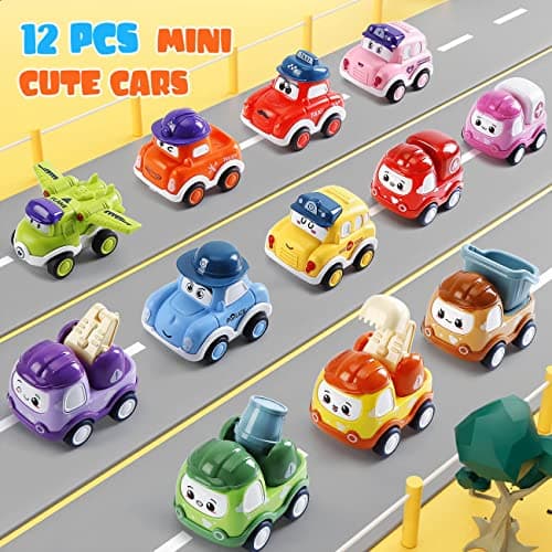 Mini Car Toys for 1 Year Old Boy Gifts, 12 Sets Pull-Back Trucks with Playmat/Storage Box for Toddlers Age 1-2, Baby Toys 12-18 Months, 1st Christmas Birthday Gifts for One Year Olds