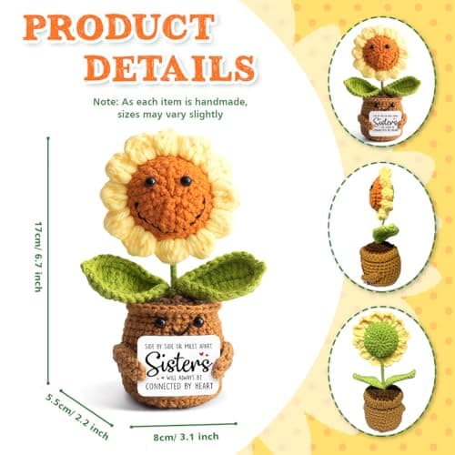 Sister Gifts from Sister - Positive Sunflower Crochet - Side by Side Or Miles Apart Sisters Emotional Sunflower Support Crochet - Birthday, Graduation, Long Distance Gifts for Women, Soul Sisters
