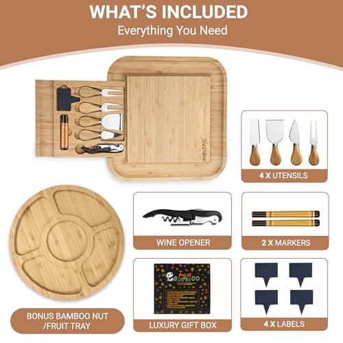 Charcuterie Board Set – Premium Bamboo Cheese Board with Slide-Out Knife Drawer – Complete Hosting Set for Wine Nights & Parties – Perfect Housewarming Gift and Wedding Gift for Couples