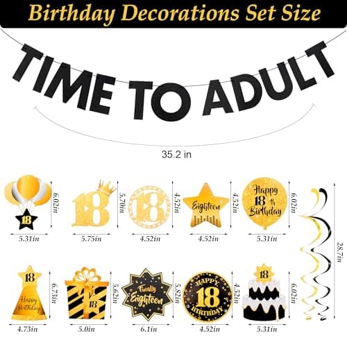 Black&Gold 18th Birthday Decorations for Boys Girls Happy 18th Birthday Decorations for Men Women Pre-Strung Time to Adult Banner and Hanging Swirls 18 Years Old Party Supplies