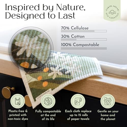 Floral Swedish Dishcloths 6-Pack – Reusable Eco-Friendly Cleaning Cloths in Plantable Packaging, Ultra-Absorbent Kitchen Sponge Cloth Gift Set.