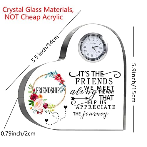 Movdyka Friendship Gifts for Women Friends Crystal Heart 5.9Inch Large Flower Glass with Clock Unique Best Gifts for Women Her Friend Plaque Birthday Gift Idea for Friend Female Presents