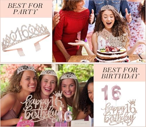 Sweet 16 Birthday Party Decorations for Girls, Sweet 16 Sash and Tiara, Cake Toppers, Number Candles and Balloons, 16th Birthday Gifts for Girls