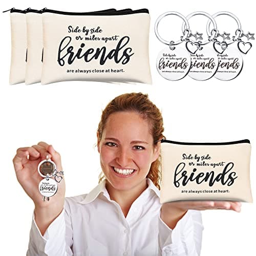 Kolewo4ever 12pc Friend Appreciation Gift Set: 6 Cosmetic Bags & 6 Keychains, White, Letter Print, Zipper Closure, Lightweight, Easy to Clean, Durable, Women Adults, Gift, Travel, Organization