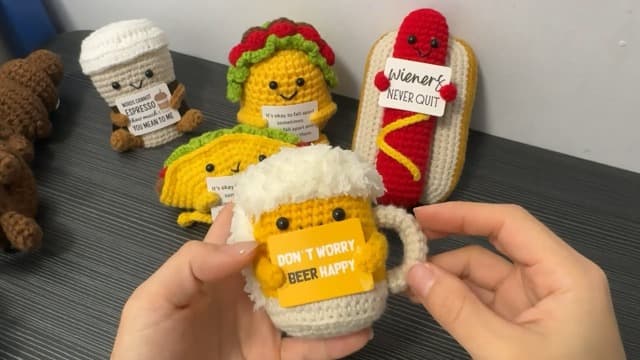 A AIFAMYFunny Positive Coffee, Emotional Crochet Doll, Cute Crochet Potato Partner Toy with Positive Card Cheer Up Funny Gag Gifts for Best Friend Birthday Women Teacher Fall（Beer