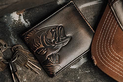 House of Jack Co. Bass Fish Bifold Wallet for Men and Outdoorsmen with Two ID Windows, Full Grain Cowhide Leather Wallet, Black