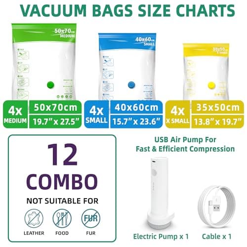 Travel Vacuum Storage Bags with Portable Electric Pump, 12 Pack Travel Vacuum Bags for Clothes, Vacuum Seal Compression Bags for Luggage and Suitcase