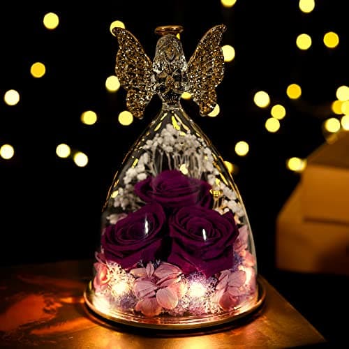 Christmas Rose Gifts for Women Preserved Real Flower in Glass Angel Figurines Roses for Delivery Prime Birthday Gifts for Mom Grandma Girlfriend Wife Her - Purple