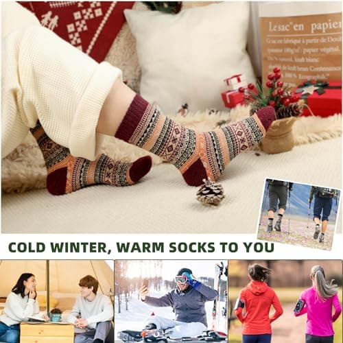 Womens Wool Socks 5 Pairs Warm Winter Knit Wool Soft Vintage Casual Crew Socks Stocking Stuffers Gifts for Women Men