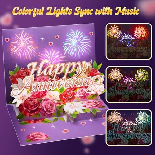 Airpark Anniversary Card with Music & Lights, 3D Pop Up Happy Anniversary Cards for Him Her Husband Wife Couple, Fireworks & Rose Lily Paper Flowers