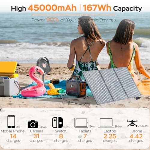 MARBERO Solar Generator 167Wh Camping Portable Power Station 200W Peak with Foldable Solar Panels 30W with AC Outlet 110V Multi-Port LED Flashlights for CPAP Home Camping Hurricane Emergency