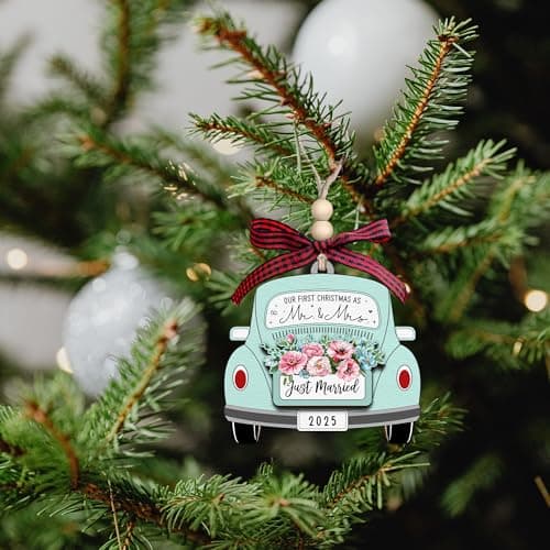 TUMSHANIP First Christmas Married Ornament 2025 - Wedding Ornaments - Wedding Gifts for Couples 2025, Newlyweds, Bride - Mr and Mrs Gifts - Just Married Couple Gift - Wood Ornament