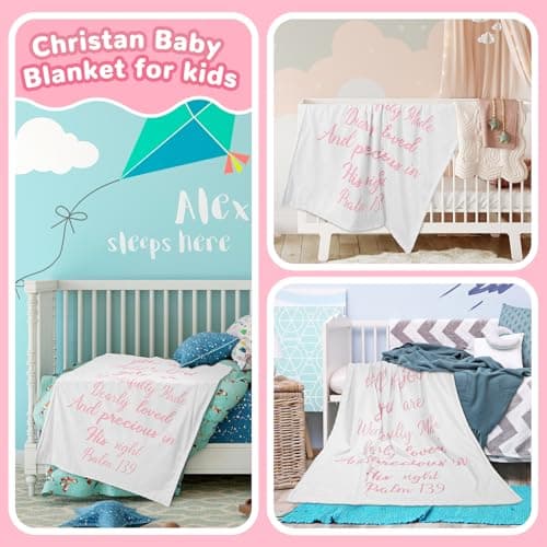 Rtteri Christian Gift for Baby Plush Baby Blanket with Dotted Backing First Communion Gift Baptism Blanket Scripture Swaddle Bible Verse for Newborn Boy Girl Christening Godchild Gift(Pink and White)