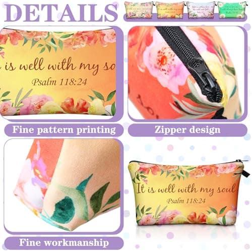 Chunful 12 Pcs Inspirational Christian Gifts Religious Makeup Bags Bulk for Women Bible Verse Flower Cosmetic Bag Thanksgiving Christmas Gift for Church Ladies, 7.48 x 4.72 Inch(Stylish)
