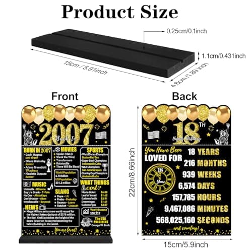 Black Gold 18th Birthday Decorations Gifts for Men Women, Two-Sided Vintage 18 Back in 2007 Theme Poster Wooden Table Sign with Stand, Eighteen Years Old Bday Centerpieces Holder for Table Decor