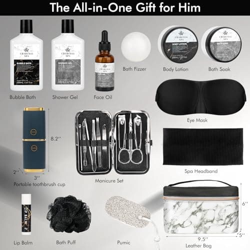 Father's Day Bath and Body Gift Basket for Men and Women, 23pcs Charcoal Luxury Home Spa Kit for Mother in Cosmetics Leather Bag, Face Oil, Birthday Gift, Self Care, perfect for Christmas, Holiday