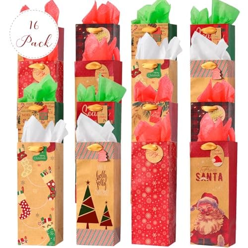 Nihuecne 16 Pack Christmas Wine Bags with Tags & Tissue Paper for Xmas Holiday Gift Wrap,8 Designs (5 x 13 x 4 In)