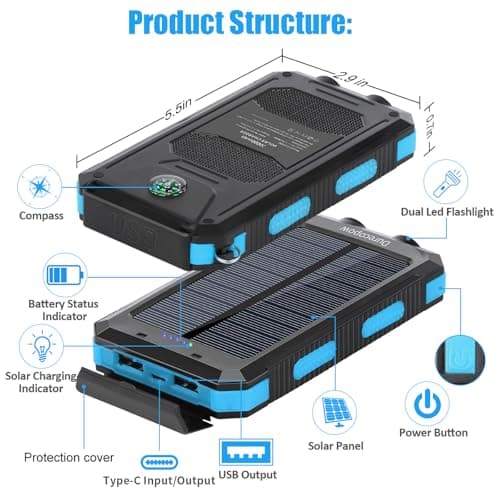 Solar Charger Power Bank, 20000mAh Portable Outdoor Waterproof Solar Battery Charger, Camping External Backup Battery Pack USB C Ports Input/Output, 2 Led Light Flashlight with Compass (Blue)