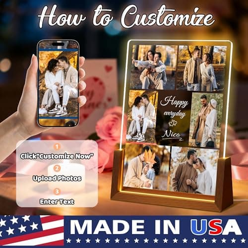 Personalized Valentines Christmas Gifts For Couple Him Her, Custom LED Picture Frame With Photo Night Light, Customized Anniversary Birthday Gifts For Women Men Boyfriend Girlfriend Husband Wife