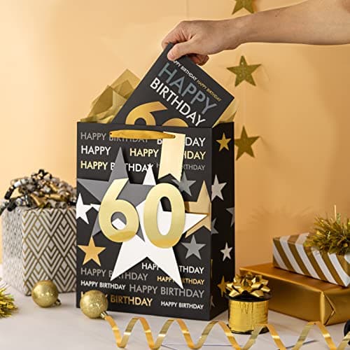 Loveinside Birthday Gift Bag with Tissue Paper and Greeting Card for 60 Birthday - 10" x 5" x 13", 1 Pcs, Black Gold