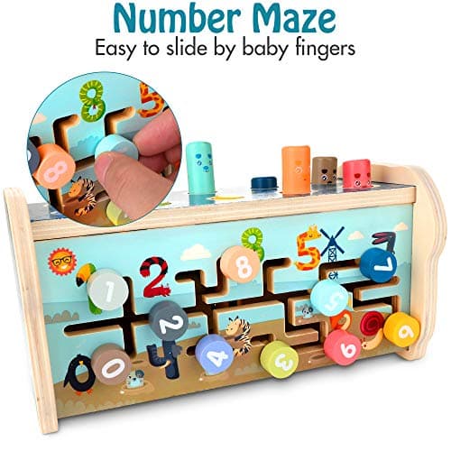 KIDWILL Montessori Pounding Toy for 1 2 Year Olds Wooden Hammering & Activity Board with Xylophone, Number Maze, Pounding Bench Educational Toddler Gift Toys Age 1-3